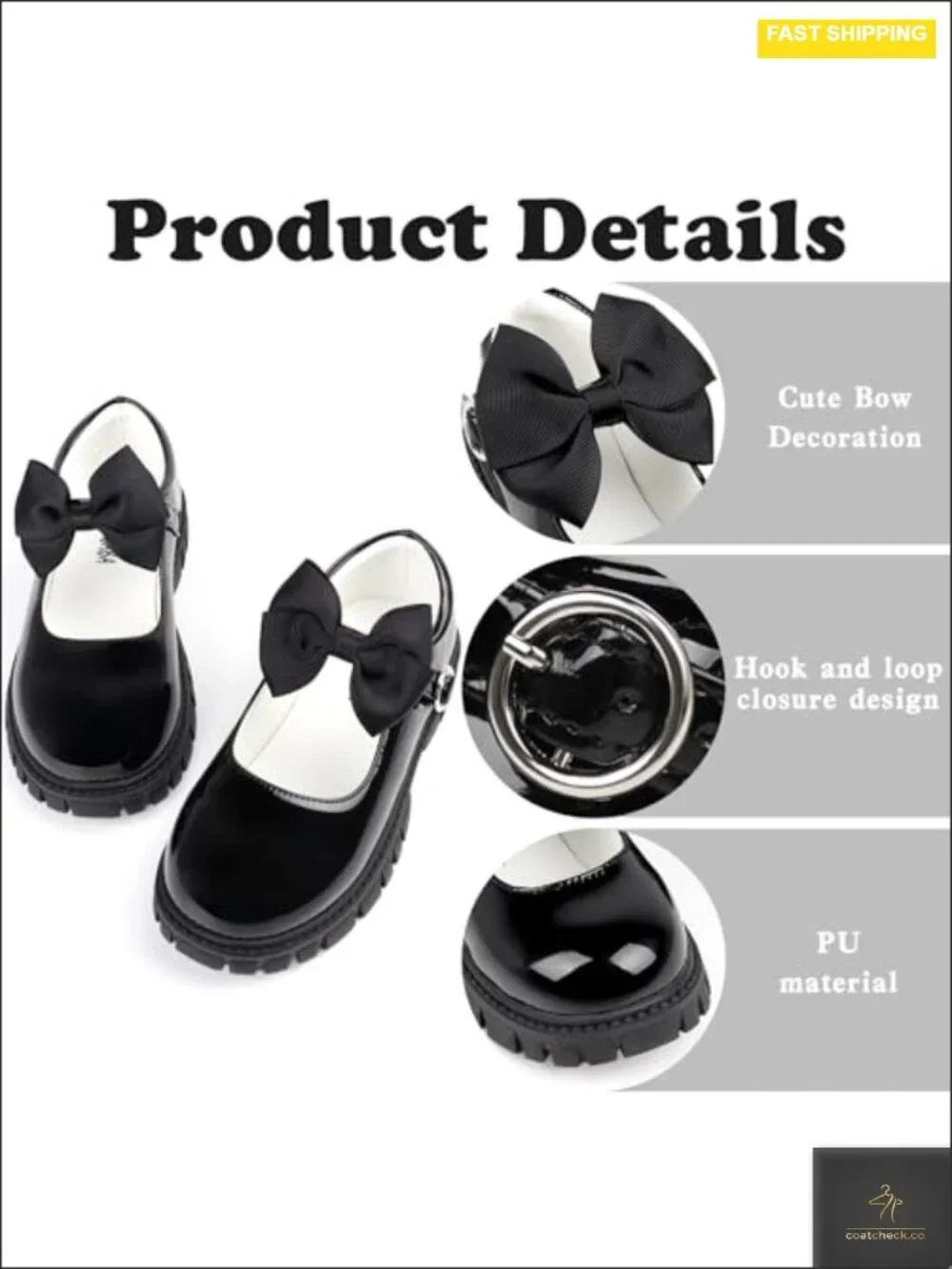 Girls Mary Jane Flats with Bow, Non-Slip Sole, Hook & Loop Closure, Round Toe